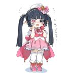  1girl bare_shoulders black_hair blunt_bangs blunt_ends blush bow character_request chibi commentary_request copyright_request dress eyepatch fang fold-over_boots full_body gloves hands_on_own_cheeks hands_on_own_face headwear_request heart highres jitome long_hair looking_at_viewer nose_blush open_mouth pink_bow pink_dress pink_footwear pink_gloves pointy_ears puffy_short_sleeves puffy_sleeves short_dress short_sleeves simple_background single_glove smile solo spawnfoxy standing thighhighs translation_request twintails v-shaped_eyebrows very_long_hair white_background white_headwear white_thighhighs zettai_ryouiki 