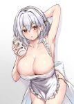  absurdres apron armpits azur_lane blush bottle breasts cleavage collarbone hair_ornament highres holding holding_bottle kanesada_dp large_breasts maid naked_apron presenting_armpit red_eyes sirius_(azur_lane) white_apron white_background white_hair 