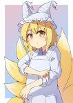 1girl blonde_hair border closed_mouth cowboy_shot dot_mouth dot_nose fox_tail gradient_background hat highres lab_coat long_sleeves looking_at_viewer medium_hair mob_cap multiple_tails shadow simple_background sleeves_rolled_up solo tail tksand touhou white_border white_tassel yakumo_ran yellow_eyes 