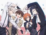  4boys ^_^ akat42273008 akutagawa_ryuunosuke_(bungou_stray_dogs) animal_ears arm_up ascot bandaged_arm bandages black_coat black_eyes black_gloves black_hair black_jacket black_necktie black_pants black_vest blue_eyes bolo_tie brown_coat brown_hair bungou_stray_dogs closed_eyes coat collared_shirt cowboy_shot dazai_osamu_(bungou_stray_dogs) fingerless_gloves frown gloves grey_hair grey_vest hands_on_own_cheeks hands_on_own_face highres jacket male_focus medium_hair multiple_boys nakahara_chuuya nakajima_atsushi_(bungou_stray_dogs) necktie open_mouth orange_hair pants rabbit_ears shirt short_hair smile standing suspenders sweatdrop v-shaped_eyebrows vest white_ascot white_background white_shirt yellow_eyes 