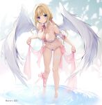  1girl angel_wings bikini blonde_hair blue_eyes blush breasts cleavage commentary_request frilled_bikini frills full_body karory large_breasts long_hair looking_at_viewer low_twintails neck_ribbon original red_ribbon ribbon solo standing swimsuit twintails twitter_username white_bikini white_wings wings 