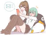  2girls absurdres bangs blue_eyes blush brown_hair brown_skirt brown_thighhighs buttons cellphone collared_shirt failure_penguin frilled_skirt frills green_eyes green_hair hair_between_eyes hair_ornament hairclip highres holding holding_phone kantai_collection kumano_(kancolle) long_hair multiple_girls open_mouth panties phone ponytail shirt sidelocks simple_background skirt smartphone suzuya_(kancolle) thighhighs tiemu_(man190) underwear white_background white_panties white_shirt 