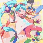  1girl ;d bird chatot commentary_request crossover eyelashes fingerless_gloves gloves green_eyes green_hair happy hatsune_miku highres jewelry long_hair low-tied_long_hair one_eye_closed open_mouth pants pink_pants pokemon pokemon_(creature) project_voltage ring shirt shoes short_sleeves smile sunglasses tongue torinoko_(miiko_draw) twintails vocaloid white_shirt yellow_footwear 