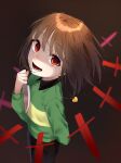  1other :d absurdres arms_behind_back black_pants black_undershirt bob_cut brown_background brown_hair chara_(undertale) collared_shirt commentary crazy_eyes dagger floating_neckwear foreshortening from_above from_side gradient_background green_sweater heart_pendant highres holding holding_knife holding_weapon jewelry knife locket looking_to_the_side looking_up lower_teeth_only messy_hair nanaju_7 open_mouth pants pendant red_eyes reverse_grip shaded_face shirt short_hair single_horizontal_stripe smile solo standing sweater teeth twitter_username undertale upturned_eyes username weapon wide-eyed yellow_sweater 