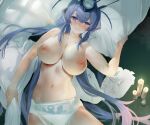  1girl absurdres azur_lane blue_eyes blue_hair blush breasts candle cleavage diaper gu_lan highres large_breasts long_hair looking_at_viewer lying navel new_jersey_(azur_lane) nipples on_back parted_lips smile solo stomach topless 