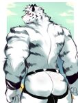  1boy animal_ears arknights armband ass ass_focus back bara black_male_underwear blue_eyes blush error facial_hair feet_out_of_frame from_behind furry furry_male goatee highres jockstrap large_hands looking_at_viewer male_focus male_underwear mountain_(arknights) muscular muscular_male no_scar no_tail seductive_smile short_hair smile solo teo_(placid69) thick_eyebrows thick_thighs thighs tiger_boy tiger_ears topless_male underwear white_fur white_hair 