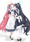  2girls :d absurdres apron aris_(blue_archive) aris_(maid)_(blue_archive) black_footwear black_hair blue_archive blue_eyes cheek-to-cheek fangfangtu forehead full_body halo heads_together highres holding_hands interlocked_fingers long_hair looking_at_viewer maid maid_apron maid_headdress multiple_girls official_alternate_costume open_mouth pantyhose ponytail puffy_short_sleeves puffy_sleeves purple_eyes red_hair shadow shoes short_sleeves simple_background smile standing standing_on_one_leg very_long_hair white_apron white_background white_pantyhose yuzu_(blue_archive) yuzu_(maid)_(blue_archive) 