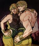  1boy 1girl ass back birthmark black_leotard blonde_hair bracelet breasts dio_brando dual_persona earrings english_commentary evil_smile genderswap genderswap_(mtf) hand_on_hip headband heart highres jewelry joestar_birthmark jojo_no_kimyou_na_bouken large_breasts leotard long_hair looking_to_the_side muscular pants smile stardust_crusaders umikochannart yellow_eyes yellow_pants 