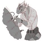 anthro claws clothed clothing horn kredri lizard male repair reptile scalie simple_background smile solo tail tongue tongue_out 