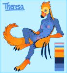  2014 anthro areola beak big_tail biped blue_background blue_body blue_eyes blue_feathers blue_sclera breasts character_name claws color_swatch digital_drawing_(artwork) digital_media_(artwork) digitigrade dinosaur eyelashes feathered_dinosaur feathers female flat_colors front_view full-length_portrait genitals huge_claws long_claws long_tail looking_at_viewer medium_breasts multicolored_body multicolored_feathers nipples nude nycket orange_beak orange_body orange_feathers orange_scales pink_areola pink_nipples pink_pussy pinup portrait pose pussy reptile scales scalie scuted_arms scuted_feet scuted_hands scutes simple_background solo tail tapering_tail theresa_(nycket) therizinosaurid therizinosaurus theropod thick_tail three-quarter_view tongue tongue_out two_tone_body two_tone_feathers 