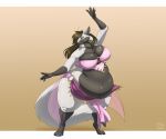  anthro arctic_fox belly big_belly biglovealicia breasts brown_hair canid canine clothed clothing dancing female fox hair hi_res mammal overweight overweight_female partially_clothed simple_background solo white_body 