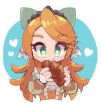  1girl blush chibi croissant etie_(fire_emblem) fire_emblem fire_emblem_engage food green_eyes hair_ribbon heart heart-shaped_pupils holding holding_food long_hair lowres orange_hair ribbon solo symbol-shaped_pupils tamatamariso85 tiara upper_body 