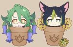  2boys ahoge animal_ears baizhu_(genshin_impact) black_gloves blonde_hair chibi flower flower_pot fox_boy fox_ears genshin_impact glasses gloves green_eyes green_hair hair_between_eyes lanaluuart male_focus multicolored_hair multiple_boys single_glove snake streaked_hair tighnari_(genshin_impact) yellow_eyes 