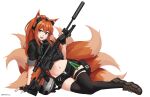  1girl :d animal_ear_fluff animal_ears arm_support black_gloves black_shirt black_shorts black_thighhighs brown_footwear collared_shirt commentary crop_top dated_commentary english_commentary fingerless_gloves fox_ears fox_girl fox_tail full_body gas_mask gloves gun hair_between_eyes hand_up highres holding holding_gun holding_weapon kitsune long_hair looking_at_viewer mask midriff mixed-language_commentary navel ndtwofives orange_eyes orange_hair original ponytail rifle scope shirt shoes short_shorts short_sleeves shorts sidelocks simple_background smile sniper_rifle solo tail thighhighs twitter_username weapon white_background xm2010 