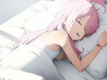  1girl :d absurdres ahoge back bananafish1111 bare_shoulders blue_archive bracelet closed_eyes drooling highres hoshino_(blue_archive) jewelry long_hair lying on_bed on_side open_mouth pillow pink_hair sleeping smile teeth 