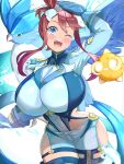  1girl absurdres alternate_costume articuno blue_eyes blue_gloves blush breasts gloves highres hizakake huge_breasts long_hair looking_at_viewer minior one_eye_closed open_mouth pokemon pokemon_(creature) pokemon_(game) pokemon_bw red_hair skyla_(pokemon) teeth upper_teeth_only 
