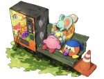  animal_ears bandana bandana_waddle_dee bench blue_bandana blush_stickers can cns colored_skin elfilin hat highres holding holding_can kirby kirby_(series) kirby_and_the_forgotten_land mouse_ears no_humans pink_skin polearm sitting sleeping solid_oval_eyes spear star_(symbol) traffic_cone vending_machine weapon 