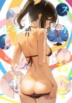  1girl alternate_costume ass back bikini bikini_bottom_pull bikini_pull bikini_tan black_bikini black_hair blush breasts brown_eyes butt_crack closed_mouth clothes_pull come_hither cowboy_shot from_behind halterneck head_down highres i-401_(kancolle) kantai_collection looking_at_viewer looking_back median_furrow medium_hair nape ponytail profile pulled_by_self sakieko seductive_smile shoulder_blades sideboob sidelocks sideways_glance skindentation small_breasts smile solo swimsuit tan tanlines undressing 