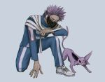  1boy blue_eyes boku_no_hero_academia crossover espeon fingernails forehead_jewel grey_background grey_scarf looking_ahead male_focus mask on_one_knee pokemon pokemon_(creature) purple_hair rnuyvm scarf shinsou_hitoshi short_hair socks spiked_hair u.a._gym_uniform white_footwear white_socks 