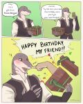  anthro athletic athletic_male birthday birthday_gift blush boop box comic container docfurpanic dragon duo english_text fish gills hi_res humor magic male marine medieval medieval_clothing muscular muscular_male prince prince_borgon royalty shark shey_(fayinga) speech_bubble story story_in_description surprise surprised_expression text 
