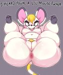  animal_crossing anthro anus areola behniis bella_(animal_crossing) big_breasts big_butt black_eyes blonde_hair breasts buckteeth butt english_text female genitals hair hi_res huge_butt leg_markings looking_at_viewer lying mammal markings mouse murid murine navel nintendo nipples on_back open_mouth pink_areola pink_nipples profanity pubes pussy rodent socks_(marking) solo striped_markings striped_tail stripes tail tail_markings teeth text thick_thighs 