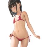  1girl absurdres arms_at_sides bangs bikini black_eyes black_hair blush breasts commentary_request cowboy_shot egami highres looking_to_the_side medium_hair navel open_mouth original red_bikini side-tie_bikini_bottom simple_background small_breasts solo standing stomach swimsuit white_background 