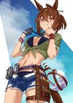  1girl agnes_tachyon_(lunatic_lab)_(umamusume) agnes_tachyon_(umamusume) ahoge animal_ears belt bikini bikini_pull bikini_under_clothes black_gloves blue_shorts breasts brown_hair canister clothes_pull collarbone cowboy_shot cropped_jacket cutoffs denim denim_shorts ear_ornament emphasis_lines empty_eyes flask from_below gloves green_jacket hair_between_eyes hands_up highres horse_ears horse_girl horse_tail huge_ahoge jacket leather_wrist_straps linea_alba medium_breasts medium_hair midriff navel official_alternate_costume official_alternate_hairstyle open_clothes open_fly open_shorts parted_lips pulled_by_self purple_bikini red_eyes short_ponytail short_shorts short_sleeves shorts single_glove skindentation smile solo stomach swimsuit swimsuit_under_clothes tail tanabe_(fueisei) thigh_belt thigh_strap tied_jacket torn_clothes torn_shorts umamusume unbuttoned wrist_straps 