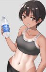  1girl abs black_tank_top bottle breasts brown_eyes commentary_request grin hashi holding holding_bottle looking_at_viewer medium_breasts navel one-piece_tan original short_hair simple_background smile solo tan tank_top tanlines tomboy water_bottle 