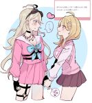  ... 2girls ahoge akamatsu_kaede antenna_hair barbed_wire black_choker black_gloves blush breasts choker cleavage cropped_legs danganronpa_(series) danganronpa_v3:_killing_harmony eye_contact fingerless_gloves gloves goggles goggles_on_head hair_ornament heart highres holding_hands iruma_miu large_breasts looking_at_another miniskirt multiple_girls musical_note musical_note_hair_ornament o-ring pink_shirt pink_skirt pink_sweater_vest pleated_skirt red_skirt shirt skirt smile speech_bubble sweat sweater_vest translation_request white_shirt yuma_(yumachansan) yuri 