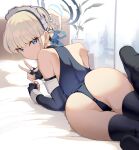  1girl ass back bare_shoulders bed black_gloves black_leotard black_thighhighs blonde_hair blue_archive blue_eyes blue_leotard blue_ribbon braid breasts bun_cover elbow_gloves fingerless_gloves french_braid gloves hair_bun hair_ribbon halo highleg highleg_leotard highres leaning_to_the_side leotard looking_at_viewer looking_back lying maid_headdress on_bed on_stomach pillow ribbon satou_daiji short_hair single_hair_bun small_breasts solo thighhighs thighs toki_(blue_archive) two-tone_leotard v 