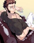  1boy bara black_shirt blue_eyes brown_hair couch cup facial_hair fate/grand_order fate_(series) feet_out_of_frame foreshortening from_above goatee highres holding holding_cup imoda large_pectorals long_sideburns looking_at_viewer male_focus mature_male muscular muscular_male napoleon_bonaparte_(fate) on_couch pants pectoral_cleavage pectorals scar scar_on_chest seductive_smile shirt short_hair sideburns smile solo spread_legs t-shirt thick_eyebrows v-neck white_pants 