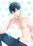  1boy 961_masashi black_hair blue_eyes closed_mouth given hands_on_own_face male_focus open_fly pants simple_background solo topless_male uenoyama_ritsuka white_background 