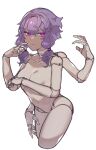  arm_at_side bandaged_neck bandages breasts closed_mouth commentary completely_nude covering covering_breasts cropped_legs doll_joints expressionless extra_arms glowing glowing_eyes half-closed_eyes hands_up highres joints looking_at_viewer messy_hair nude pink_eyes purple_hair short_hair_with_long_locks simple_background small_breasts toriniku29 voiceroid white_background yuzuki_yukari 