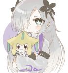  1girl asymmetrical_sleeves black_gloves blue_eyes blush_stickers bright_pupils cevio chibi closed_mouth coat crossover faoru_ofuton fingerless_gloves gloves grey_hair hair_ornament hair_over_one_eye high_collar highres holding holding_pokemon jirachi kamitsubaki_studio light_smile long_hair looking_at_viewer one_eye_covered pokemon pokemon_(creature) purple_background purple_hair sekai_(cevio) single_fingerless_glove solo star-shaped_pupils star_(symbol) symbol-shaped_pupils two-tone_background uneven_sleeves upper_body white_background white_coat white_pupils 