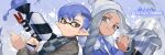  2boys artist_name ballpoint_splatling_(splatoon) beanie blue_background blue_hair blue_jacket brown_eyes commentary eyelashes fur-trimmed_jacket fur_trim grey_eyes grey_hair grey_scarf gun hat holding holding_gun holding_weapon inkling inkling_boy jacket jinkobanana light_smile long_hair male_focus multiple_boys open_clothes open_jacket paint pointy_ears scarf short_hair splatoon_(series) splatoon_2 splattershot_(splatoon) symbol-only_commentary weapon white_headwear 