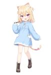  1girl :d animal_ears blonde_hair blue_hoodie boots brown_footwear candy cat_ears cat_girl cat_tail female_child food full_body highres hood hood_down hoodie indie_virtual_youtuber kinako_ame kinakon long_hoodie long_sleeves looking_at_viewer mechanical_pencil medium_hair open_mouth pencil purple_eyes simple_background smile tail two_side_up virtual_youtuber white_background 