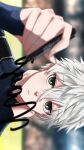  1boy black_bodysuit black_eyes blue_lock bodysuit hand_on_own_neck hands_up highres holding holding_pen looking_at_viewer male_focus nagi_seishirou parted_lips pen portrait riri_oekaki08 short_hair sideways signature solo white_hair 