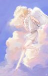 1boy alternate_costume angel angel_wings arm_behind_back barefoot basil_(omori) blonde_hair blue_sky blush closed_eyes closed_mouth cloud collarbone day flower from_side halo highres holding holding_flower omori outdoors rofekinoko short_hair sky solo wings 