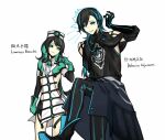  1boy 1girl :3 aqua_eyes aqua_gemstone aqua_hair behavior_adjustment black_gloves black_hair black_sclera black_shirt blue_eyes blue_hair closed_mouth colored_sclera detached_collar dress elbow_gloves gloves hand_up headphones index_finger_raised lobotomy_corporation luminous_bracelet multicolored_hair nishikujic parted_lips personification project_moon shirt simple_background smile streaked_hair white_background white_dress 