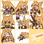  &gt;_&lt; 1girl animal_ears arknights bracelet burger ceobe_(arknights) commission cookie dog_ears doughnut eating emoji expression_chart expressions food highres honey hungry ice_cream infection_monitor_(arknights) jewelry long_hair long_sleeves multiple_views open_mouth orange_hair pizza pretzel puffy_long_sleeves puffy_sleeves red_eyes saliva skewer sparkling_eyes very_long_hair xity 