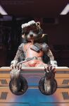  3d_(artwork) absurd_res anthro bdsm bondage bound bulge chair chair_bondage claws clothed clothing cuff_(restraint) digital_media_(artwork) feet foot_focus fur furniture guardians_of_the_galaxy hi_res laboratory looking_at_viewer machine male mammal marvel paws procyonid raccoon ralic_turman restrained restraints rocket_raccoon simple_background solo stocks submissive toes 