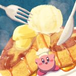  blue_eyes blush_stickers butter chef_hat food food_focus fork hat highres kirby kirby_(series) knife maple_syrup miclot no_humans open_mouth pancake plate smile souffle_pancake steam sweets 