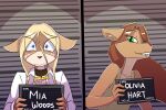  2023 anthro barbie_and_ken_mugshot_meme black_collar black_pupils blonde_hair blue_eyes brown_body brown_fur brown_hair brown_nose canid canine canis clothing collar deer duo female front_view fur green_clothing green_shirt green_tank_top green_topwear grin hair holding_object inner_ear_fluff jacket kanashiipanda mammal mia_woods mugshot nervous olivia_hart orange_body orange_fur pupils sharp_teeth shirt smile smirk tan_body tan_fur tank_top teeth topwear tuft white_clothing white_jacket white_topwear wolf 