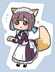  1girl :d animal_ears blue_hair brown_eyes brown_hair chibi commentary flying_sweatdrops fox_ears fox_tail frills full_body heart highres hiro_(05112423) hozuki_momiji kemonomimi_mode long_sleeves looking_at_viewer maid_headdress multicolored_hair official_alternate_costume onii-chan_wa_oshimai! open_mouth short_hair short_ponytail simple_background smile solo tail two-tone_hair 
