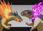  breathing_fire commentary_request eye_contact fire from_side goze_(ginnaaaaaaan) grey_background highres hisuian_typhlosion letterboxed looking_at_another no_humans open_mouth pink_fire pokemon pokemon_(creature) sharp_teeth teeth tongue typhlosion 