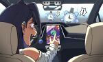  1girl alarm_clock blue_eyes blue_hair bow bow_earrings car car_interior clock driving earrings fang gps hair_intakes hat highres hololive hololive_english jewelry kronie_(ouro_kronii) left-hand_drive motor_vehicle oruruca86 ouro_kronii rear-view_mirror short_hair steering_wheel top_hat virtual_youtuber 