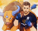  1boy bara beard brown_hair character_request clenched_hands commission daisukebear facial_hair fighting_stance fingerless_gloves gloves gradient_hair highres looking_at_viewer male_focus mature_male multicolored_hair original plump pokemon serious shirt short_hair t-shirt thick_eyebrows toned toned_male undercut upper_body 
