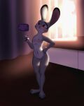  2023 3_toes 4_fingers absurd_res anthro athletic big_ears blush breasts buckteeth clitoral_hood curvy_figure digital_media_(artwork) disney eyelashes feet female fingers flat_belly flat_chested fur furbeyond genitals grey_body grey_fur hi_res holding_object hourglass_figure judy_hopps lagomorph leporid mammal navel nude purple_eyes pussy rabbit shaded small_waist solo teeth thigh_gap toes white_body white_fur wide_hips zootopia 