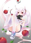  1girl alternate_costume apple artist_name azur_lane blush book closed_mouth cola dated denim denim_shorts food fruit hair_between_eyes highres holding holding_book laffey_(azur_lane) legs lily_pad looking_at_viewer milk milk_carton open_book pill pink_hair red_eyes shoes short_shorts shorts sidelocks single_shoe sneakers soda_bottle soles solo thighhighs thighs toe-point toes twintails white_thighhighs xiao_shi_lullaby 
