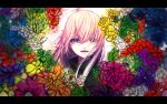  1girl absurdres black_sweater blue_eyes blue_flower blue_rose brush_stroke floral_background flower hair_between_eyes hair_over_one_eye highres kiumu_gackpo leia_(vocaloid) looking_at_viewer megurine_luka open_mouth orange_flower paint_stains pink_hair poppy_(flower) purple_flower red_flower rose signature smile solo sweater turtleneck turtleneck_sweater vocaloid white_flower white_rose wind 
